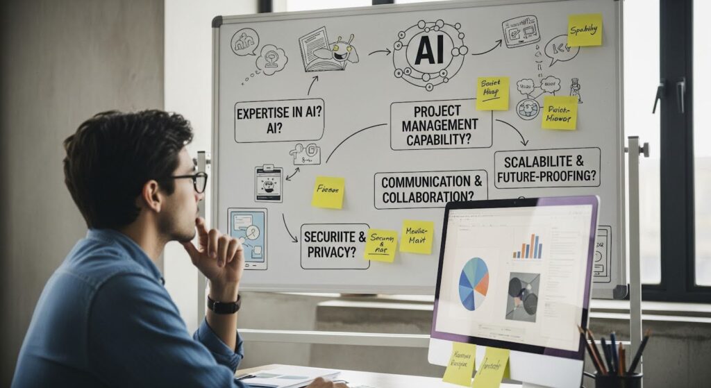 Imagem que ilustra critérios a serem avaliados ao escolher uma empresa de desenvolvimento de Inteligência Artificial.